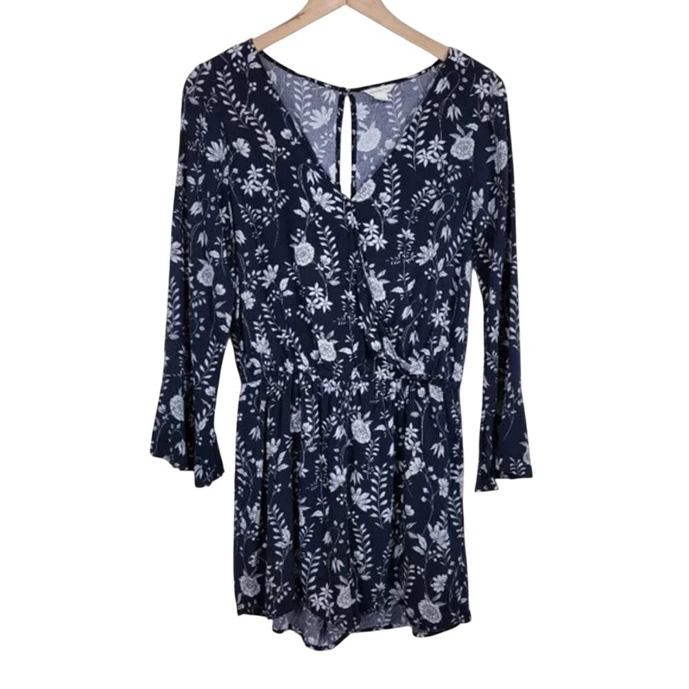 Aeropostale Floral Romper Navy White Long Sleeve Wrap V Neck Women Size S Rayon